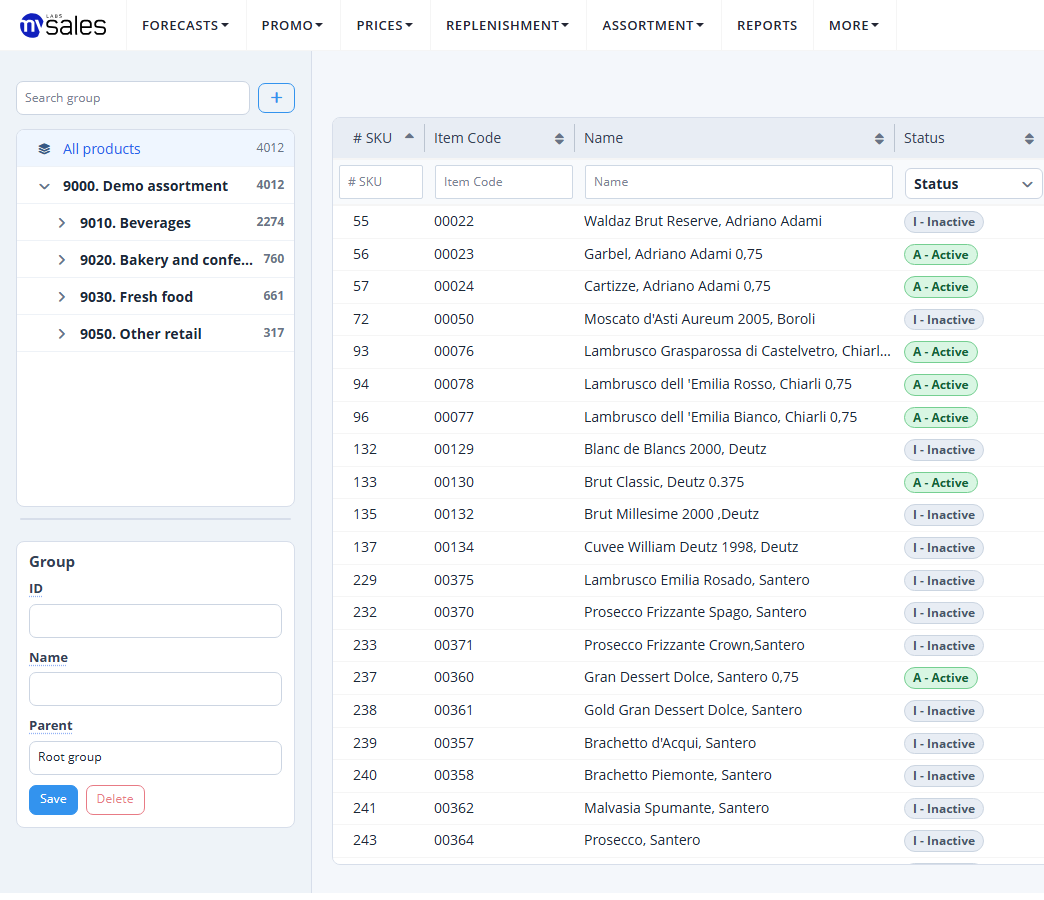 MySales product master data screen